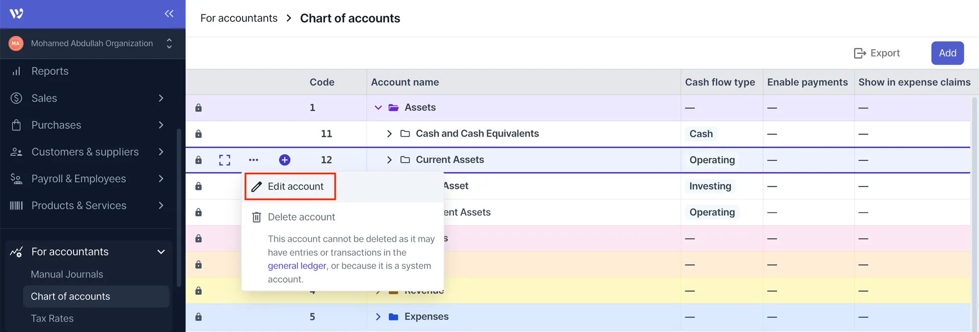 Edit an account on chart of accounts